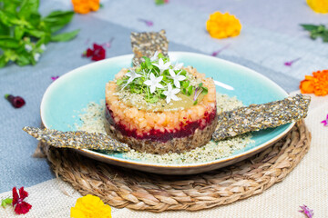 a desert dish is displayed on a plate and is ready to be eaten