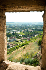 a view of a wineyard and vineyard from a castle window