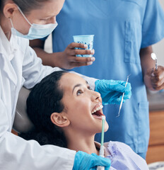 Canvas Print - Woman, dentist and mouth for cleaning, dental hygiene and oral care in clinic. Female person, cavities and medical procedure for wellness, surgery and tooth health with orthodontist in hospital