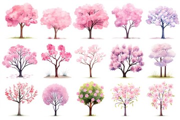 Wall Mural - illustration watercolor spring pink cherry blossom tree collection set, grungy texture aquarelle on white background
