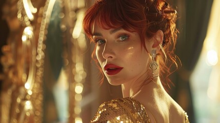 Wall Mural - A woman with red hair and gold earrings is standing in front of a mirror. She is wearing a gold dress and has a red lipstick on