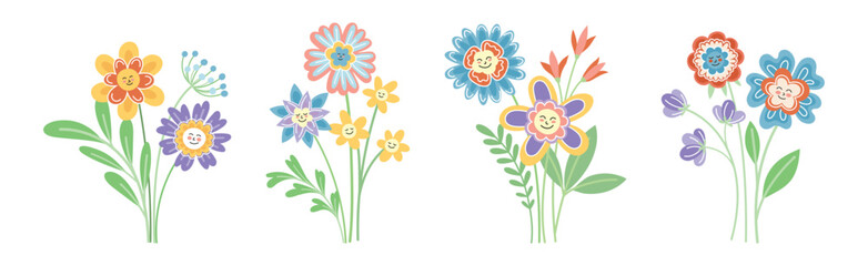 Wall Mural - Smiling Flowers on Stalk with Petal and Green Leaf Vector Set