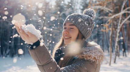 Wall Mural - A young woman throws out snow. Portrait of a happy woman playing with snow on a sunny winter day. A walk through the winter forest. Concept of fun, relaxation