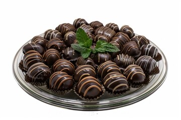 Poster - Elegant assortment of chocolate truffles with mint garnish on a clear plate, isolated on white