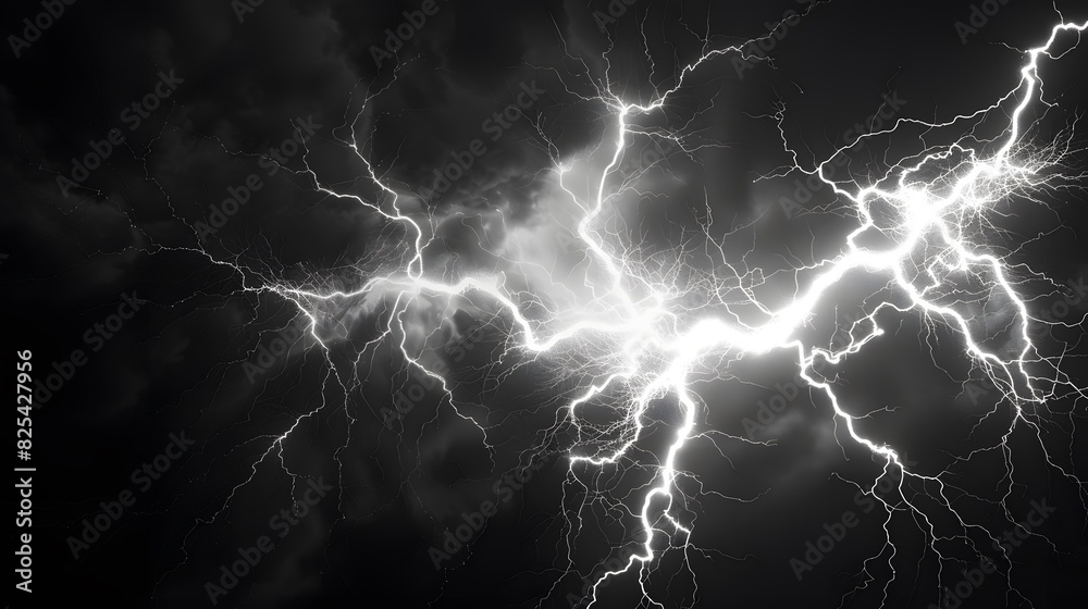 Black and white image of an intense lightning strike illuminating the ...