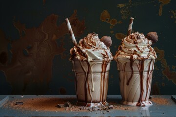 Poster - Luxurious chocolate milkshakes topped with whipped cream and chocolate balls, perfect for a sweet treat