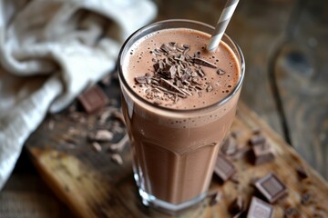 Poster - Closeup of a creamy chocolate milkshake topped with chocolate shavings on a rustic wooden board