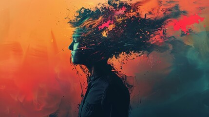 Poster - Vibrant abstract digital art of a person's profile with colorful, explosive paint effects symbolizing creativity and chaotic thought processes.