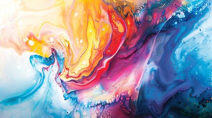 Poster - A vibrant abstract painting featuring swirling colors, blending hues of blue, red, yellow, and white, creating a dynamic, fluid composition.