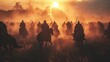 © dheograft - Medieval battle scene with cavalry and infantry. Silhouettes of figures as separate objects, fight between warriors on sunset foggy background.