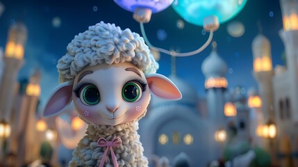 sheep, greeting, islam, three-dimensional, eid, celebration, decoration, background, islamic, muslim, ramadan, sacrifice, illustration, animal, holiday, arabic, happy, design, children, festival, lant