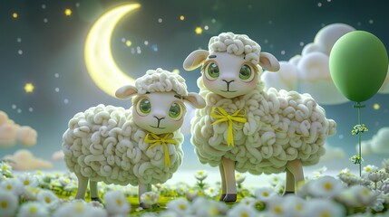 Poster - sheep, greeting, islam, three-dimensional, eid, celebration, decoration, background, islamic, muslim, ramadan, sacrifice, illustration, animal, holiday, arabic, happy, design, children, festival, lant