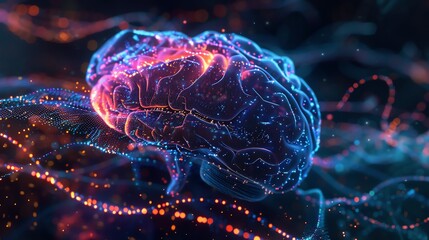 Poster - Vivid digital illustration of a glowing human brain with neon colors and abstract neural connections, symbolizing AI and deep learning.