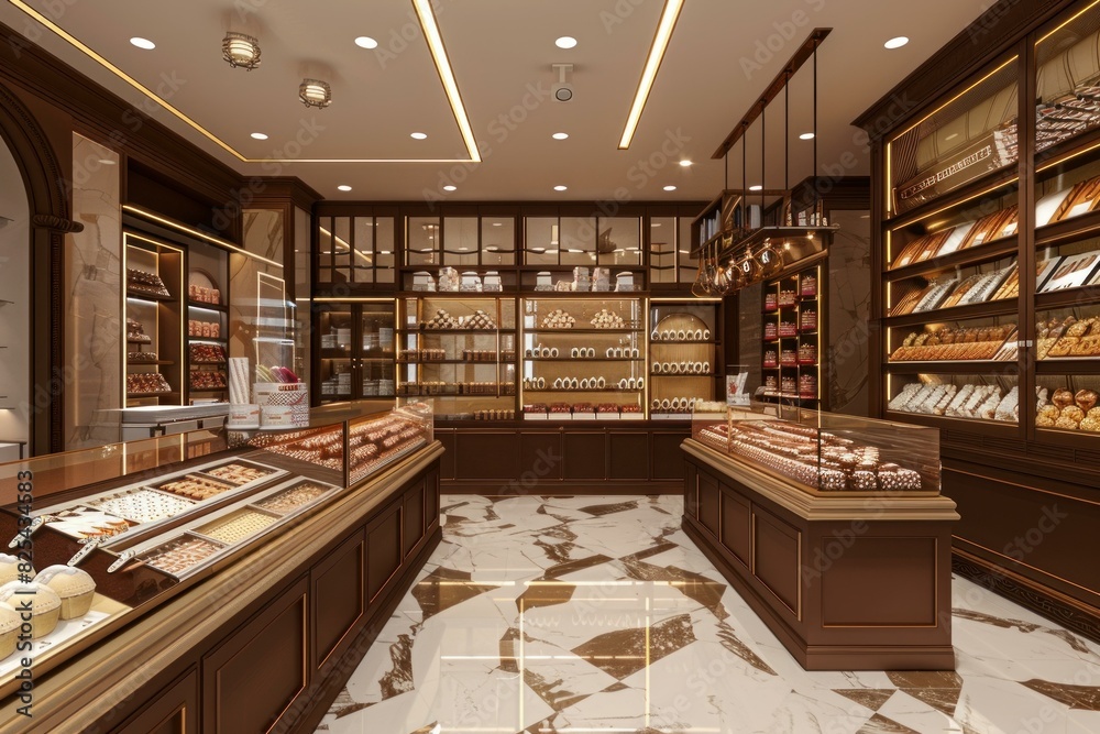 Modern bakery shop interior filled with a variety of bread, cakes, and ...