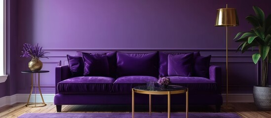 Wall Mural - Luxury modern interior of living room ,Ultraviolet home decor concept ,purple sofa and black table with gold lamp on light purple wall