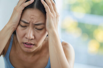 Poster - Portrait of Asian woman suffering from headache migraine pain against a blurred window background with copy space. Health problems, stress and depression. Female holds head with hand