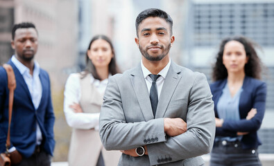 Canvas Print - Portrait, businessman and arms crossed in city with pride, leadership and collaboration by office building. Group, diversity and management for teamwork, project and career in international company