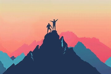 Sticker - Two people standing on top of a mountain, one of them is holding a flag