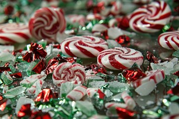 Sticker - Vibrant and festive christmas candy assortment with peppermint canes. Red and white sweets. Closeup food photography with joyful. Merry. And cheerful theme for celebration and party background