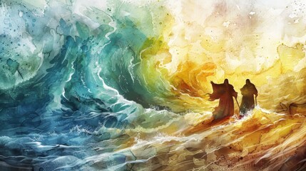 Abstract watercolor background enhancing the drama of Moses parting the Red Sea