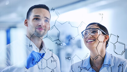 Aufkleber - Team, science and glass board for chemistry molecule, research development and medical solution innovation. Brainstorming, scientist and happy people with formula idea to study atom in laboratory
