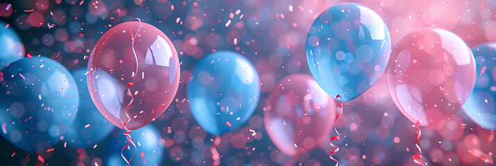 Wall Mural - horizontal banner header, light blue and pink balloons with confetti in the air, birthday party celebration