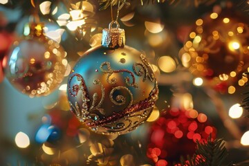 Poster - Beautiful festive christmas bauble ornament decoration with glitter, holiday bokeh background, and traditional celebration sparkle