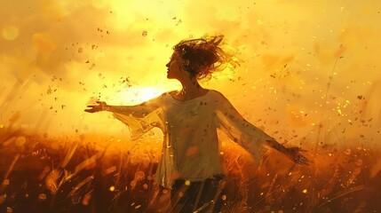 Wall Mural - ethereal woman immersed in nature golden hour sunset glow digital painting