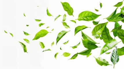 Wall Mural - green tea leaves flying and falling on white background natural herbal border element