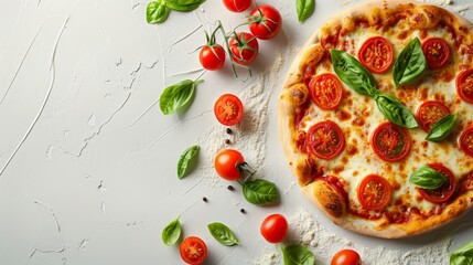 Wall Mural - Pizza With Tomatoes and Basil on White Surface