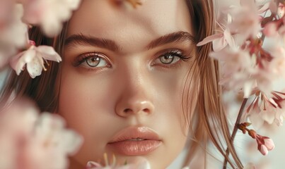 Poster - A pretty young woman face with spring flowers