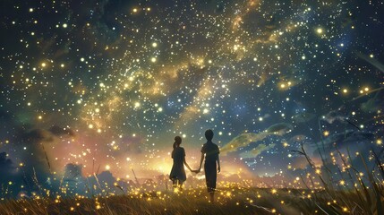 Wall Mural - Brothers merged with a field of stars in the night sky