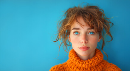 Wall Mural - A woman with blue eyes and red hair is wearing an orange sweater. She is looking directly at the camera. a person with a questioning look