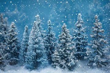 Poster - Miniature snowy pine trees under a magical snowfall against a serene blue background