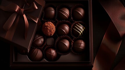 Poster - Detailed dark chocolate truffles in an elegant box, adorned with a ribbon. Generative AI