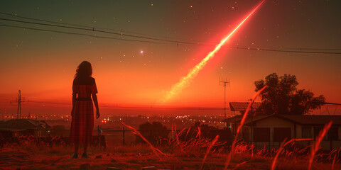 Wall Mural - A woman stands on a hill overlooking a city at sunset
