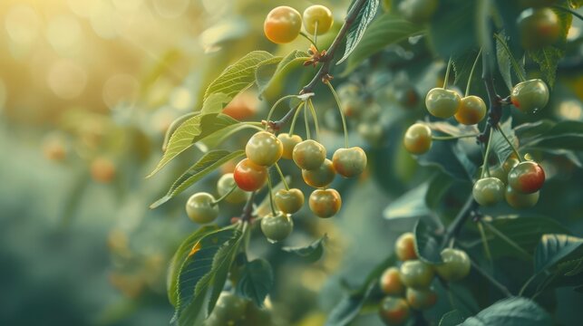 Closeup of green sweet cherry tree branches with ripe juicy berries in garden. Harvest time