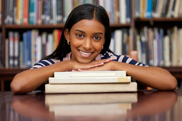 Poster - Student, library book and portrait of woman with textbook for knowledge, education and study hall. Happy, smile and research for college course and class on campus at university learning center