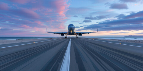 A large jetliner is on the runway, preparing for takeoff