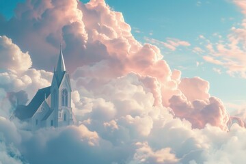 Tranquil church steeple rises elegantly against a backdrop of soft, ethereal clouds in pastel sunset hues