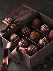 Aufkleber - Elegant box of chocolate truffles adorned with a ribbon, showcasing a luxurious presentation with rich dark colors. Generative AI