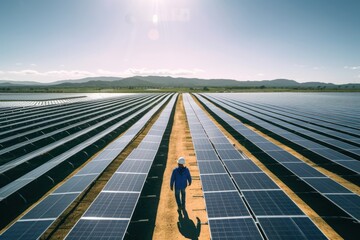 A man walking between solar panel use sunlight clean energy.