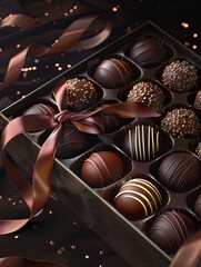 Poster - Luxurious box of chocolate truffles adorned with a ribbon in rich dark colors. Generative AI
