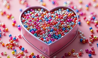 Canvas Print - Heart shaped pink box with multi-colored beads on pink background