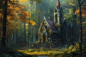 Canvas Print - The enchanted autumn forest chapel, a magical and mystical fairytalelike sanctuary in the remote woodland landscape with vibrant colors and rustic charm