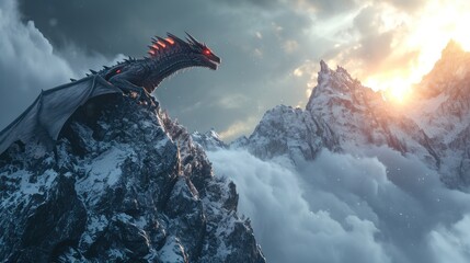 Wall Mural - A dragon stand resting on top of a mountain with its wings folded.