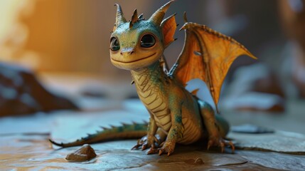 Wall Mural - cute baby dragon stand resting with its wings folded in a foggy forest.