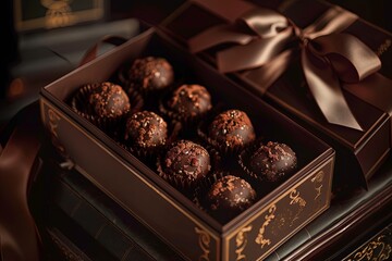Aufkleber - A luxurious box of chocolate truffles decorated with ribbons, sitting on a table. Generative AI