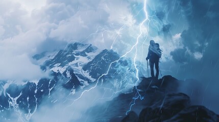 Wall Mural - Dynamic double exposure of a hiker conquering mountain peak