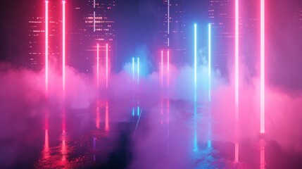 Wall Mural - Abstract city reflecting with bright pink and blue neon lens flares background. Generated AI image